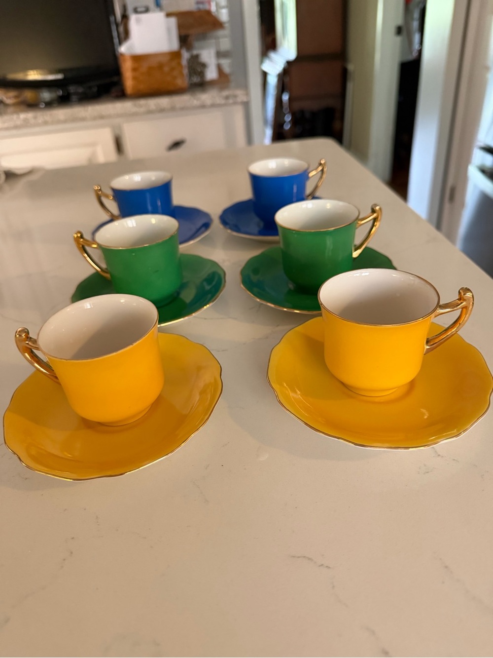 Vintage Espresso size Porcelain Tea Cup & Saucer Set - Yellow, Green, Blue